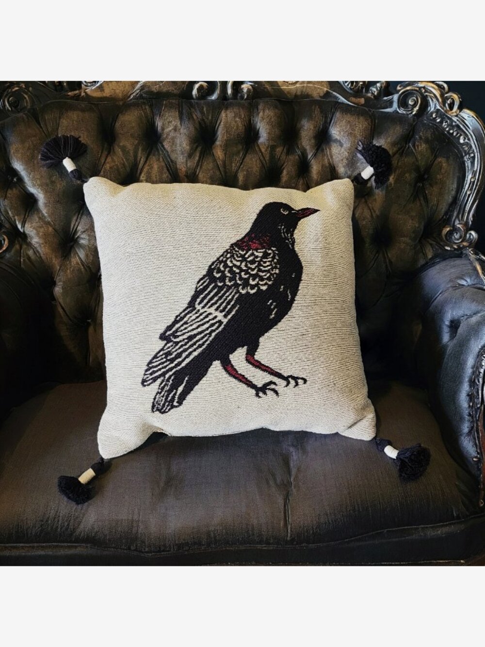 Embroidered Tassel Raven Throw Pillow - Picture 2 of 9